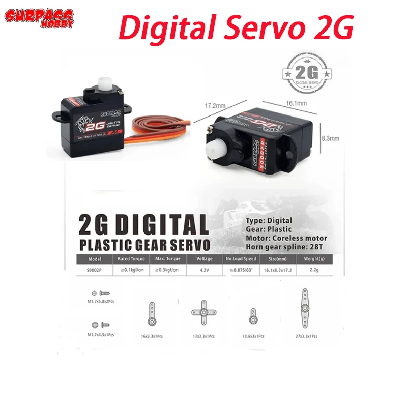 S0002P 2G Digital Servo Plastic Transmission High Torque Speed Low Voltage Micro with Arm Screw for RC Airplane Model
