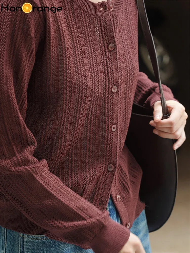 HanOrange 2024 весенний винтажный короткий вязаный кардиган женская вязаная рубашка с