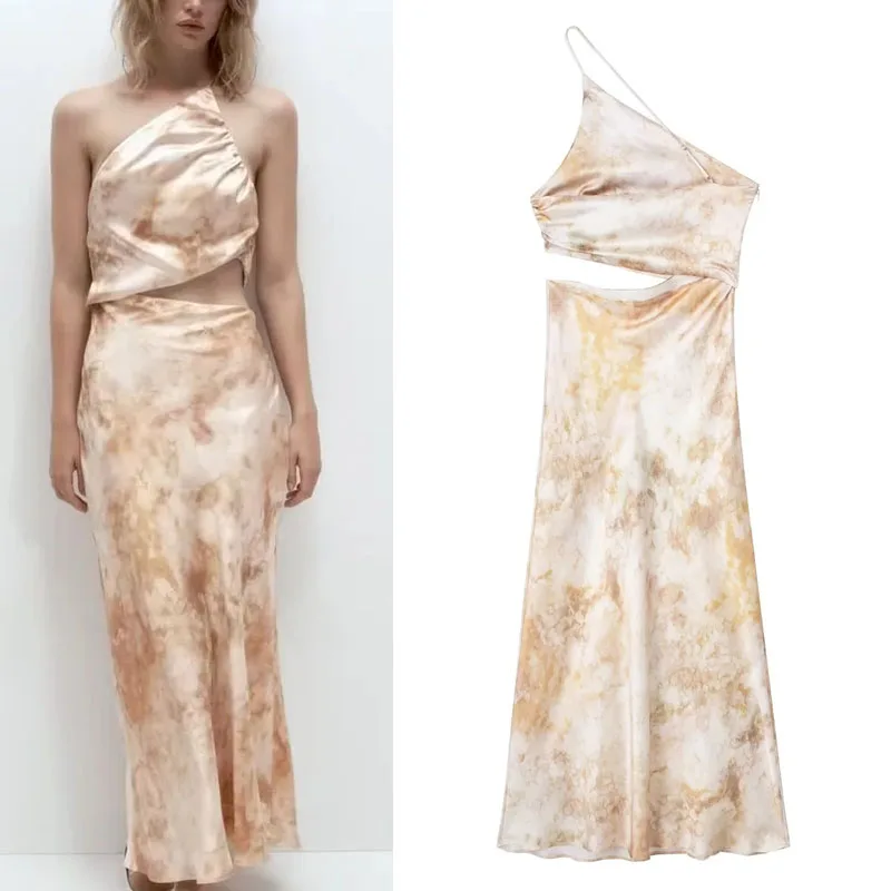 

TRAF Cut Out Printed Midi Dress For Woman Asymmetric Neck Dresses Adjustable Thin Straps Waist Cut Out Vestidos 2023 Sexy Style