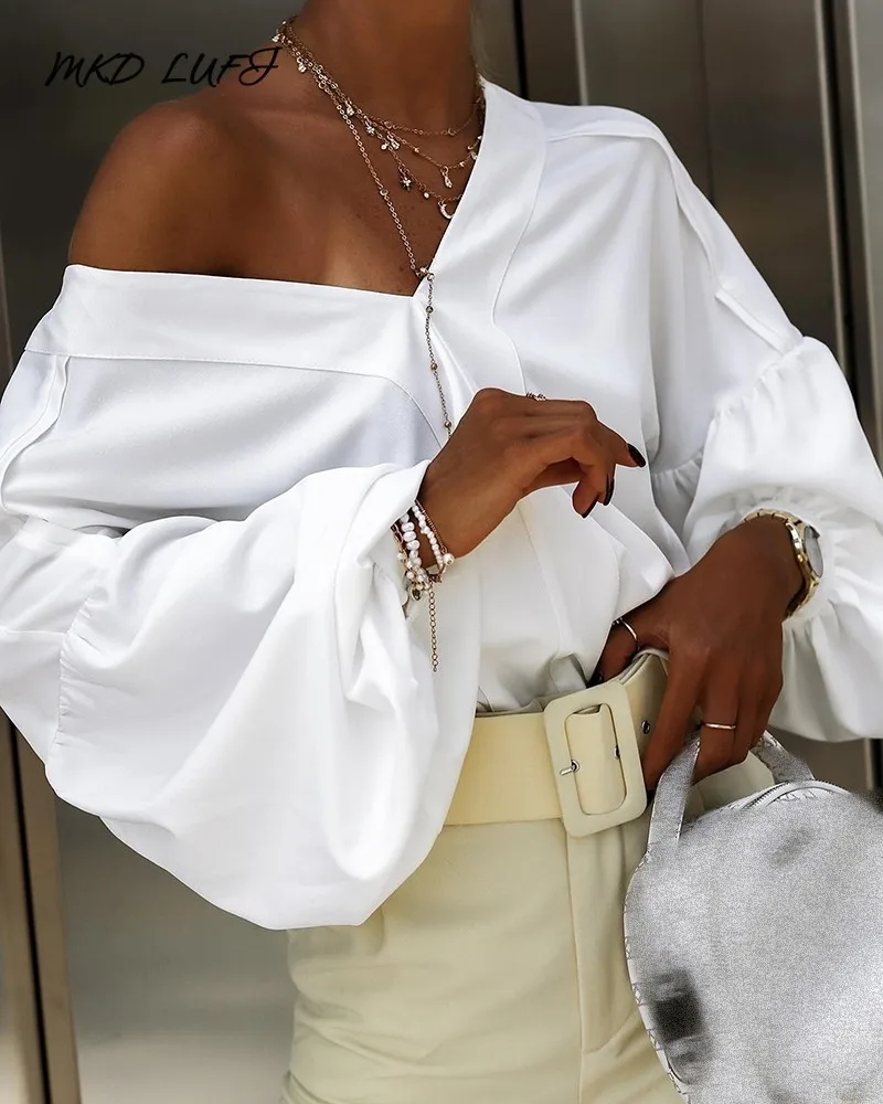 

MKDLUFI V-Neck Lantern Sleeve Drop Shoulder Top