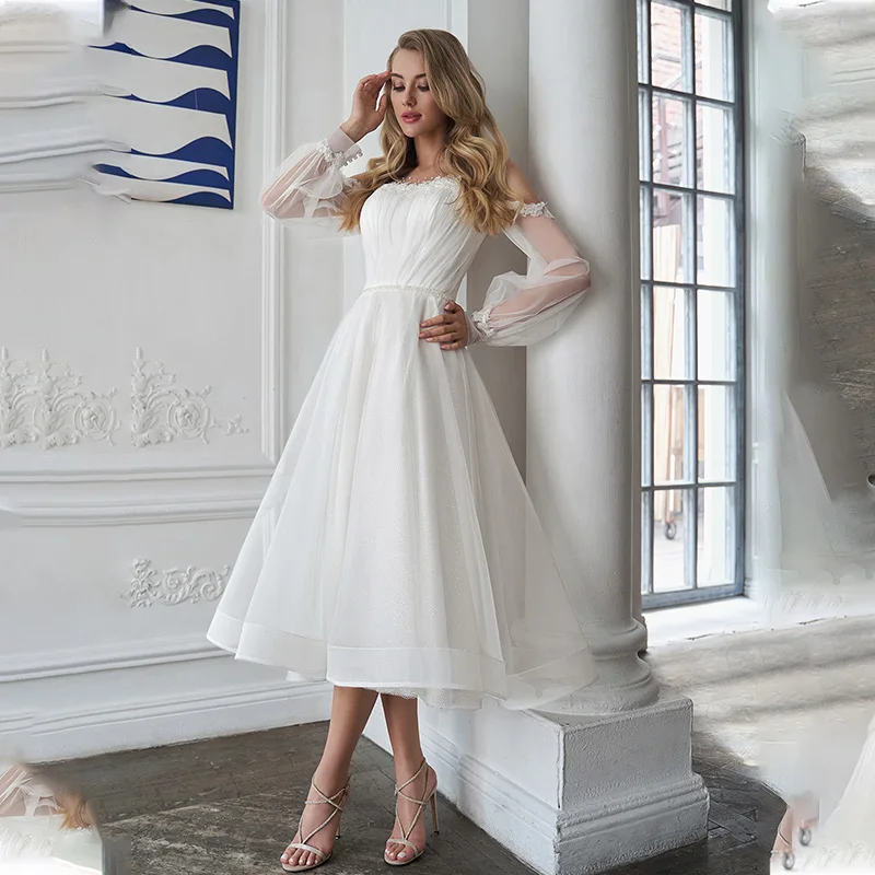 

Sheer Illusion Long Puff Sleeves Tea Length Organza Wedding Dresses Lace Applique Formal Party Grown