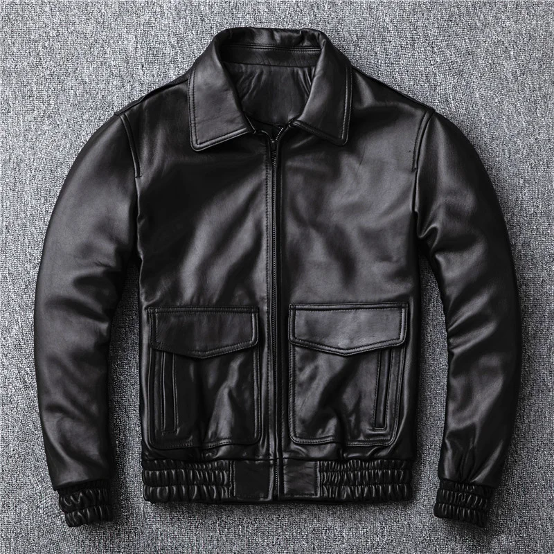 

YR!Free shipping.Plus size bomber A2 leather jacket.black soft air force sheepskin coat.men short quality leather clothes