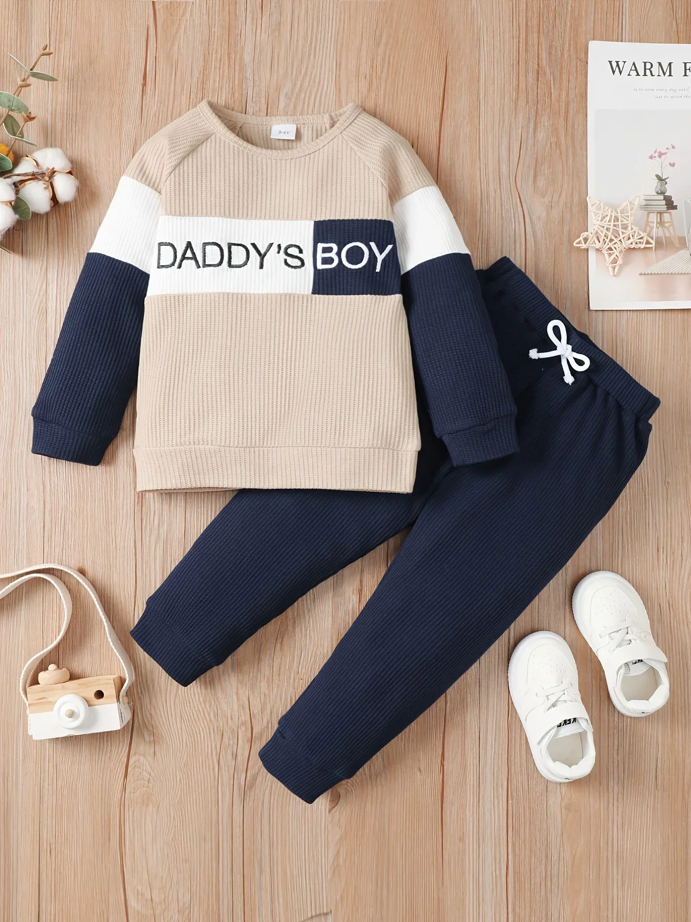 2PCS Casual Clothes Set Kids Boy Color Block Long Sleeve Top+Pant Spring&Autumn Clothing Outfit for Children Boy 1-4Years