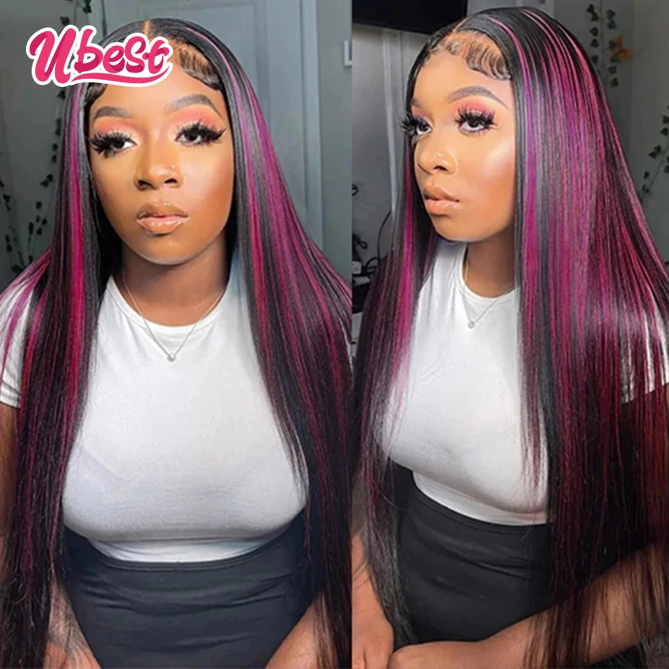 13X4 Highlight Purple Lace Front Human Hair Wigs Pre Plucked Transparent Bone Straight 13x6 Lace Frontal Wig For Black Women