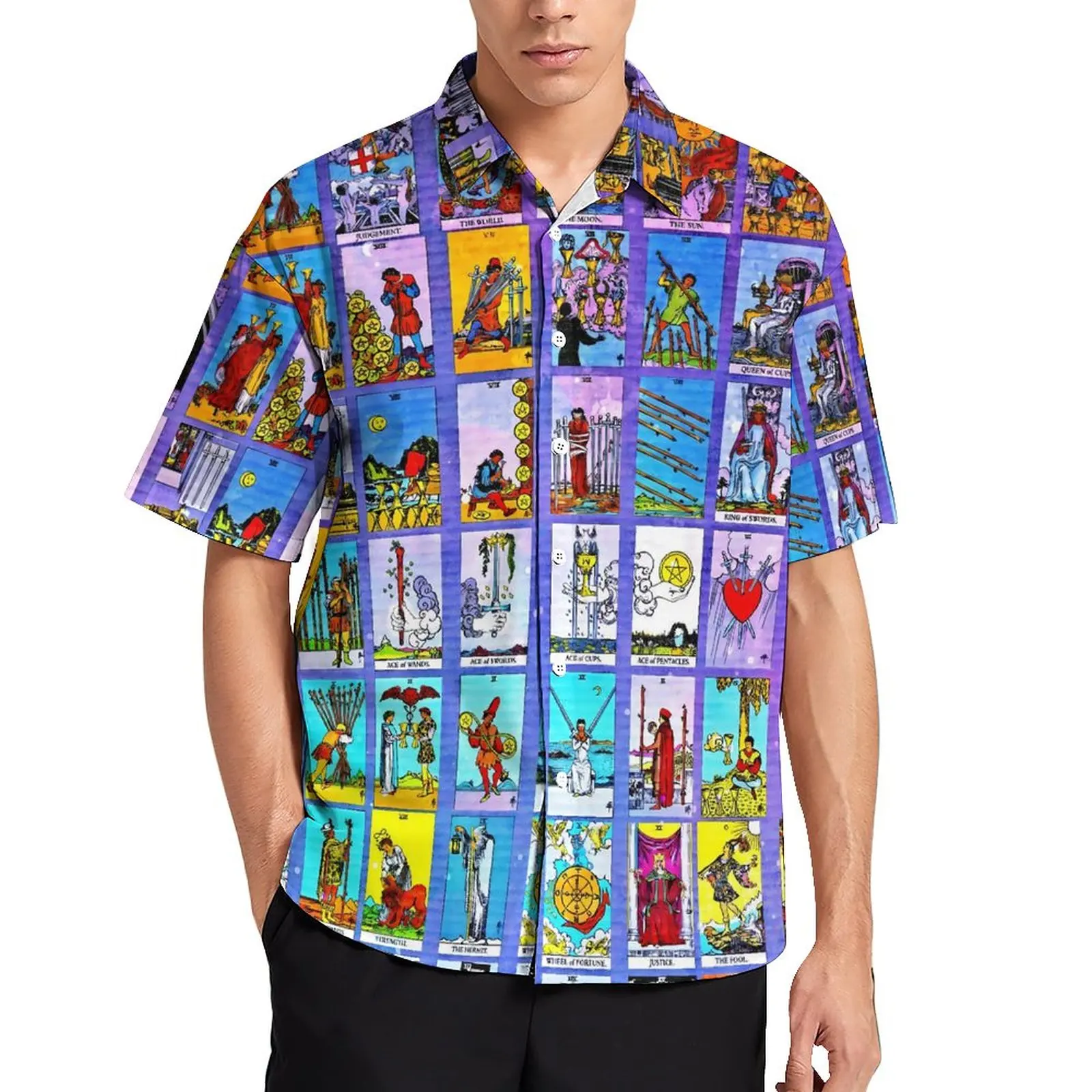 

Повседневная рубашка с принтом Таро-карт, свободная рубашка для отпуска с винтажным принтом, Гавайские новые блузки, дизайнерская одежда бо...