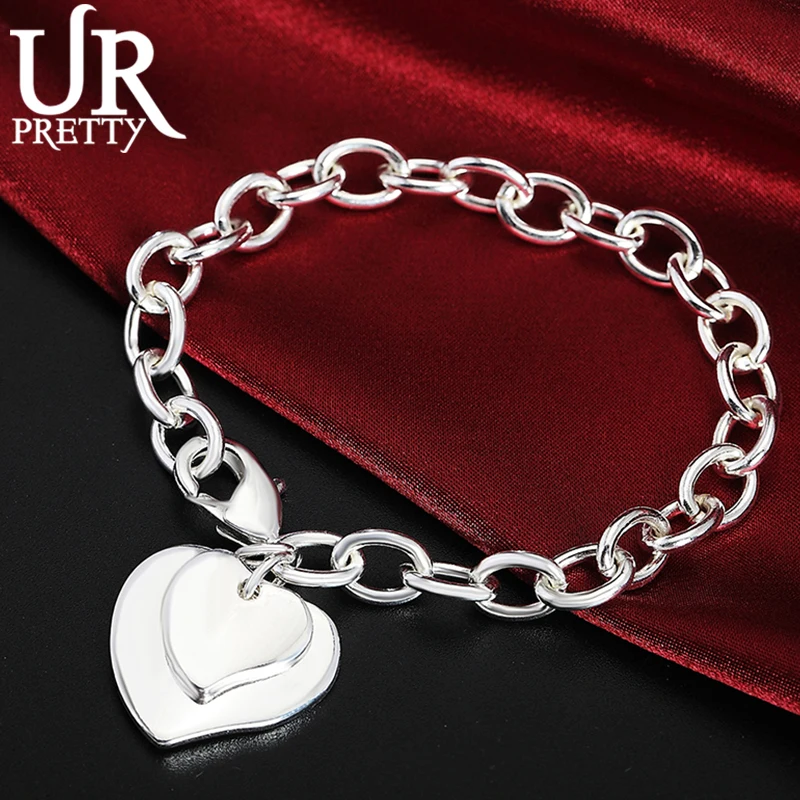 Купи URPRETTY 925 Sterling Silver Solid Size Love Heart Chain Bracelet For Man Women Party Wedding Engagement Charm Jewelry за 217 рублей в магазине AliExpress