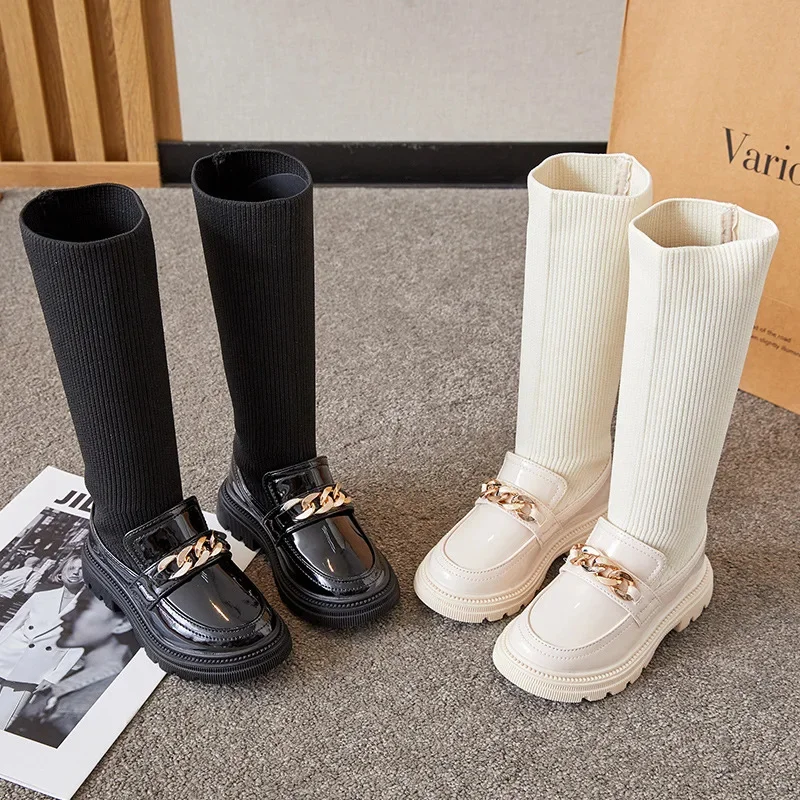 

2023 New Winter Korean Over-the-knee Boot for Girls with Metal Chain Sock Boots Kids Fashion Solid Glossy Chic Girls Casual Shoe