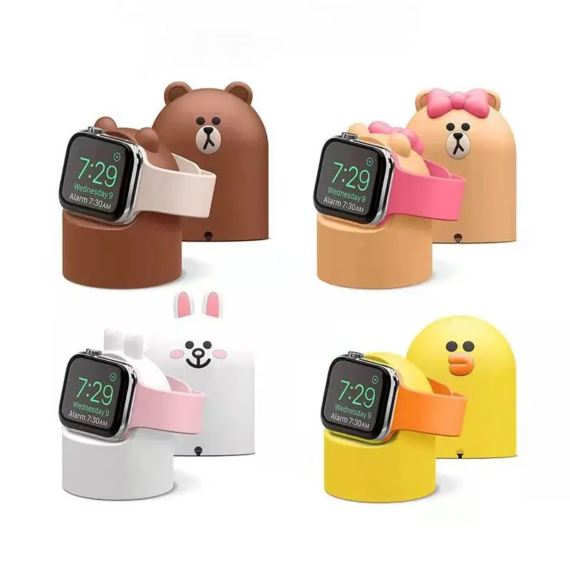 

Линейный коричневый мультяшный кронштейн для часов Apple Watch S 8/7/6 SE2 универсальный настольный Милый Винтажный силикагелевый Apple с зарядным устройством подарок