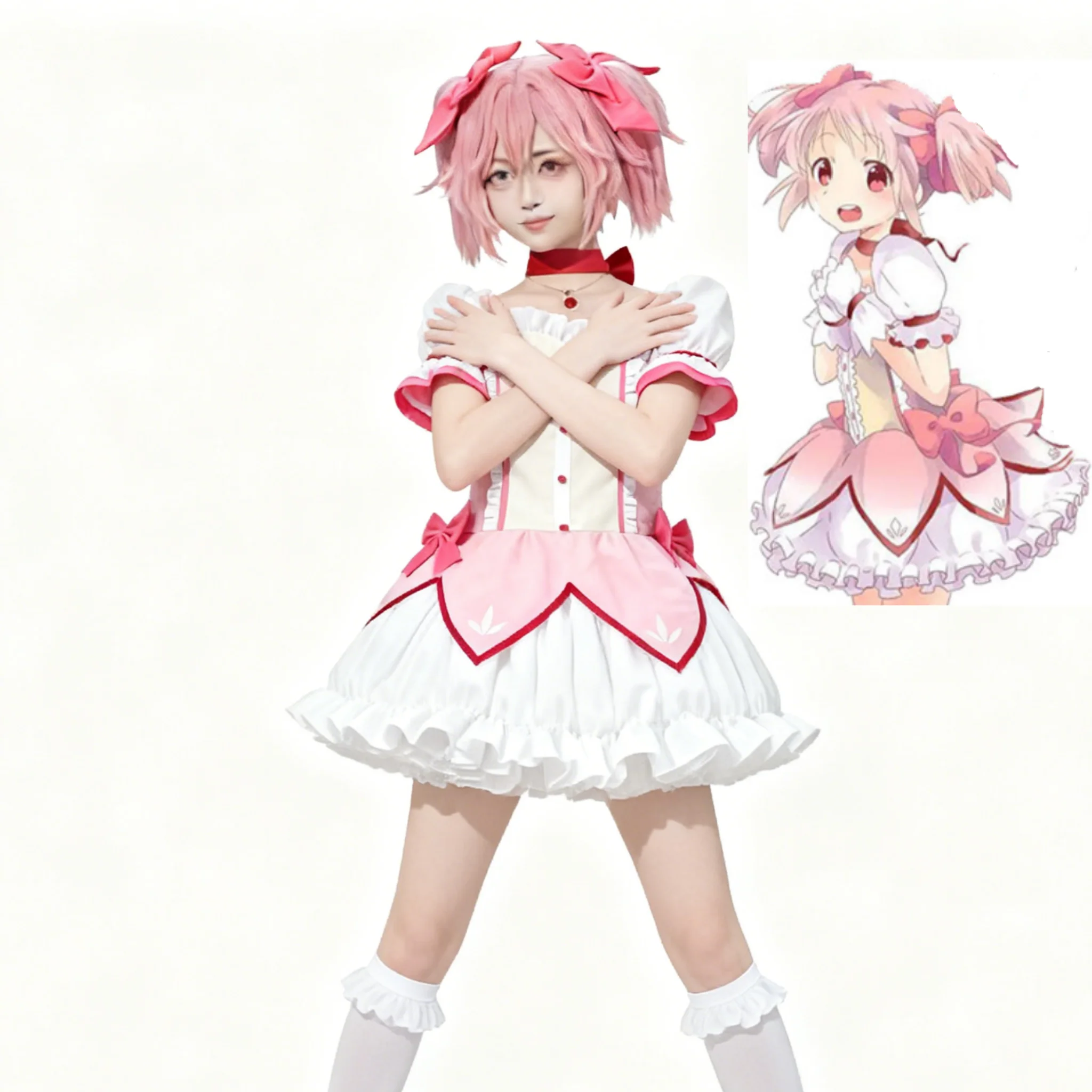 Фото Puella Magi Madoka Magica Akemi Homura Kaname Madoka Косплей Костюм Парик Розовое бальное платье и белая форма JK Наборы для вечеринок №3