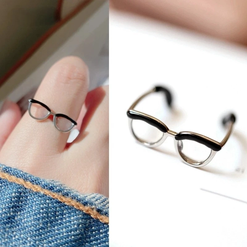 

Cute Glasses Ins Girl Open Ring Adjustable Enamel Painting Ring Finger Buckle Tail Rings Adjustable Opening
