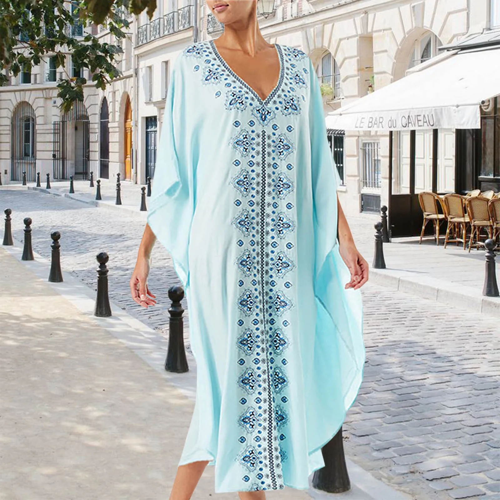 Женское пляжное платье-кафтан синяя туника женская летняя пляжная одежда с