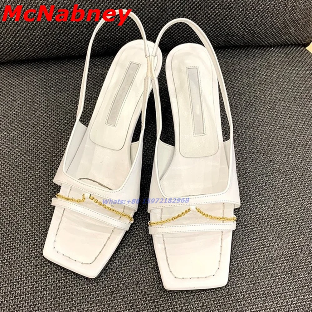 

Sexy Solid Square Toe Sandals Straps Chain Slingback Women Shoes Strange Style Med Heel Slip On Leather Summer Party Dress Shoes