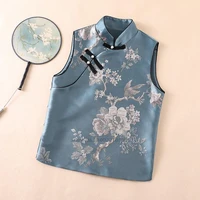 2022 traditional flower embroidery qipao chinese top women camis satin traditional tang vest women stand collar sleeveless vest