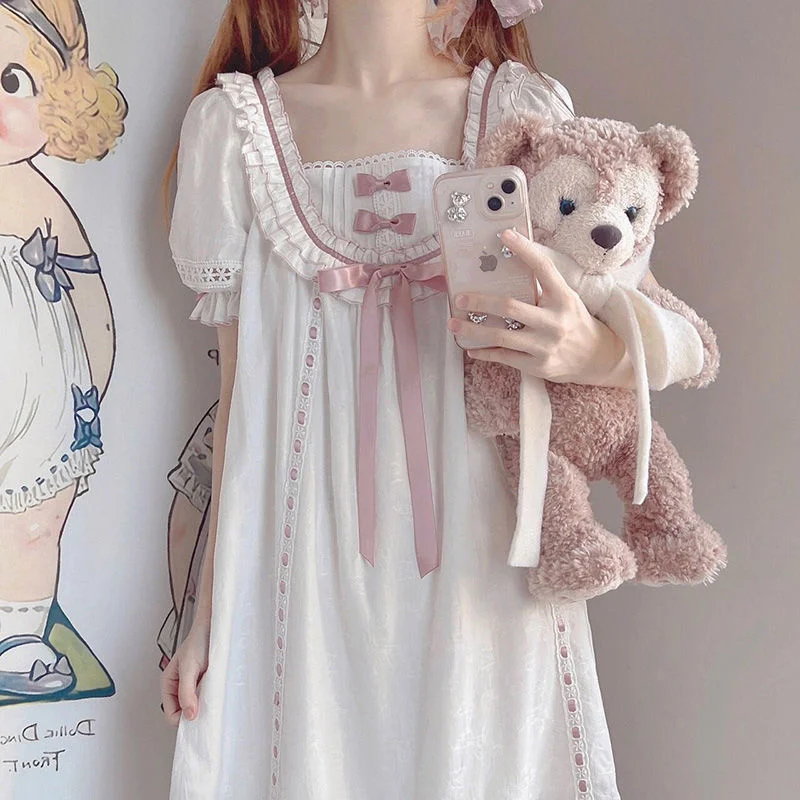 Summer Nightgowns Women Lace Ruffles Cute Nightdress Short Sleeve Pajamas Kawaii Women's Spring Home Clothing Sleepwear Pajamas