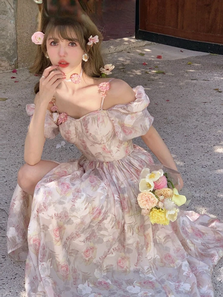 

Chiffon Floral Vintage Dress Women 2022 Summer Designer Sweet Princess Fairy Dress Female Puff Sleeve Ruffles Split Midi Dresses