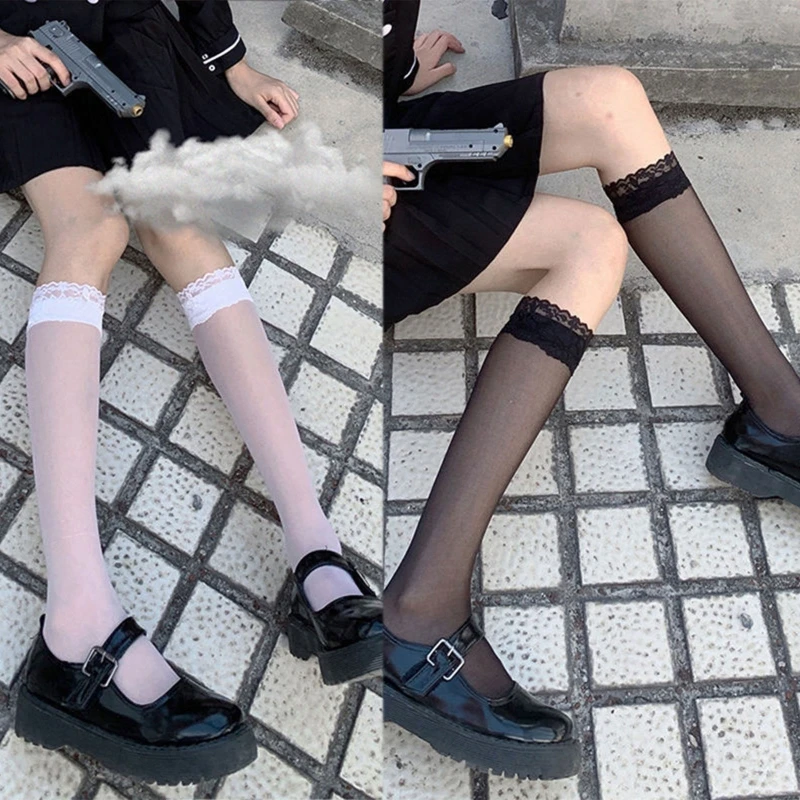 

Women Lolita Silky Sheer Calf Socks Ruffled Lace Trim Summer Mesh Tube Stockings