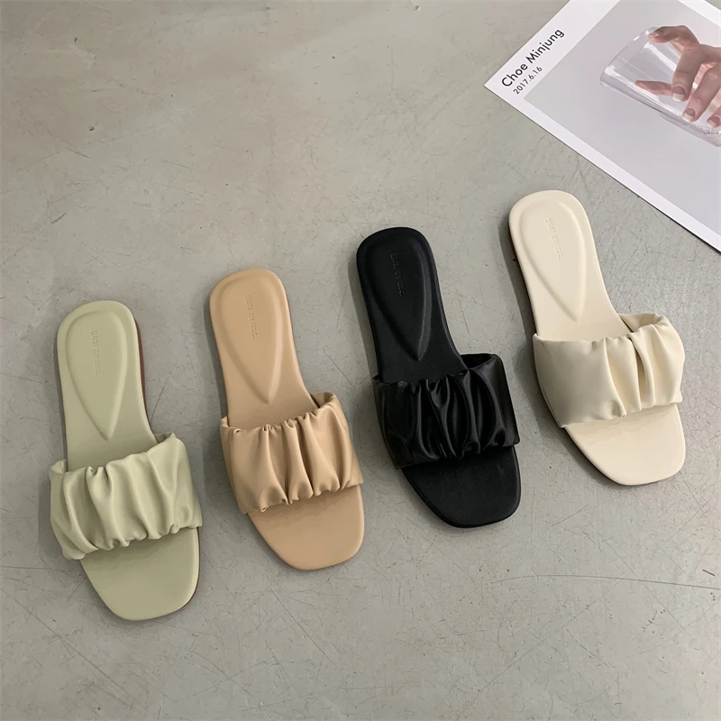 

Female Shoes Ladies' Slippers Shallow 2022 Soft Rubber Summer Flat PU Slides Pleated Basic Scandals Shallow Shoes Womens Slipper
