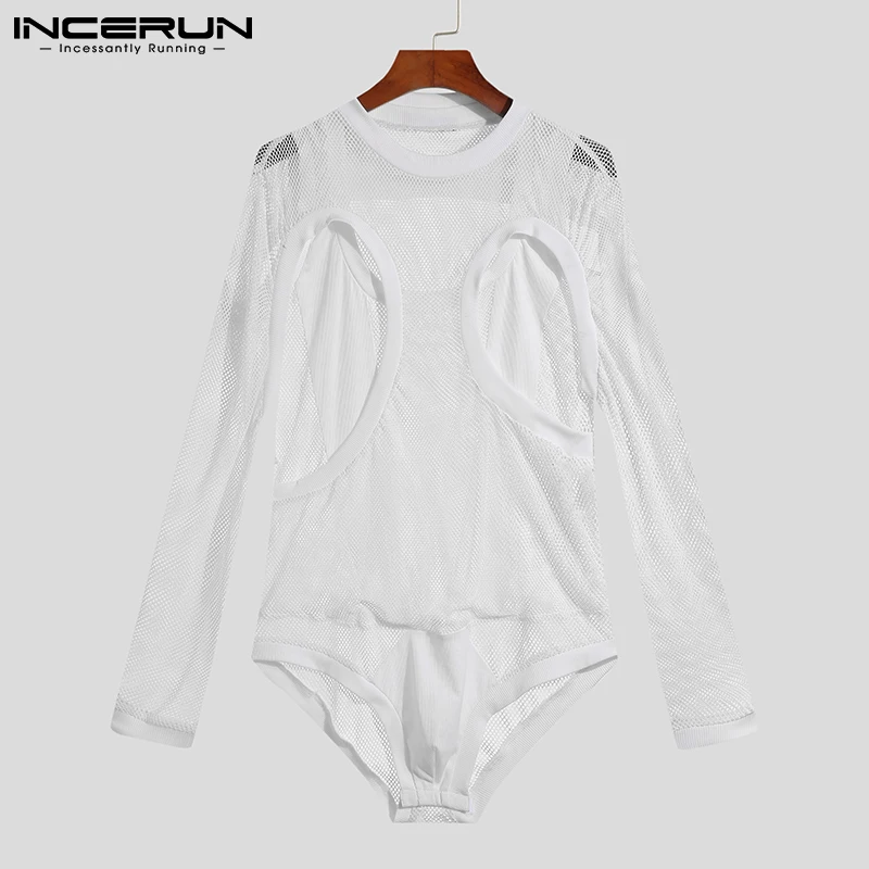 INCERUN Men's Hollow Out Jumpsuits Fashion Casual Male Party Shows Long Sleeved Breathable Mesh Skinny Stretch Romper S-5XL 2023