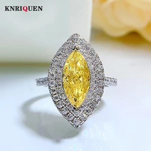 Luxury 100% 925 Sterling Silver 6*13MM Topaz Rings for Women Charms Gemstone Lab Diamond Wedding Engagement Bands Fine Jewelry