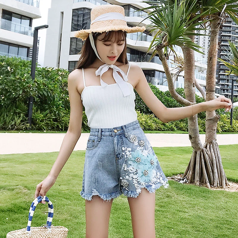 2021 Summer Fashion Women Oversized Jean Shorts Female High Waist Wide Leg Tassel Embroidery Flower Red Black Blue Denim Shorts