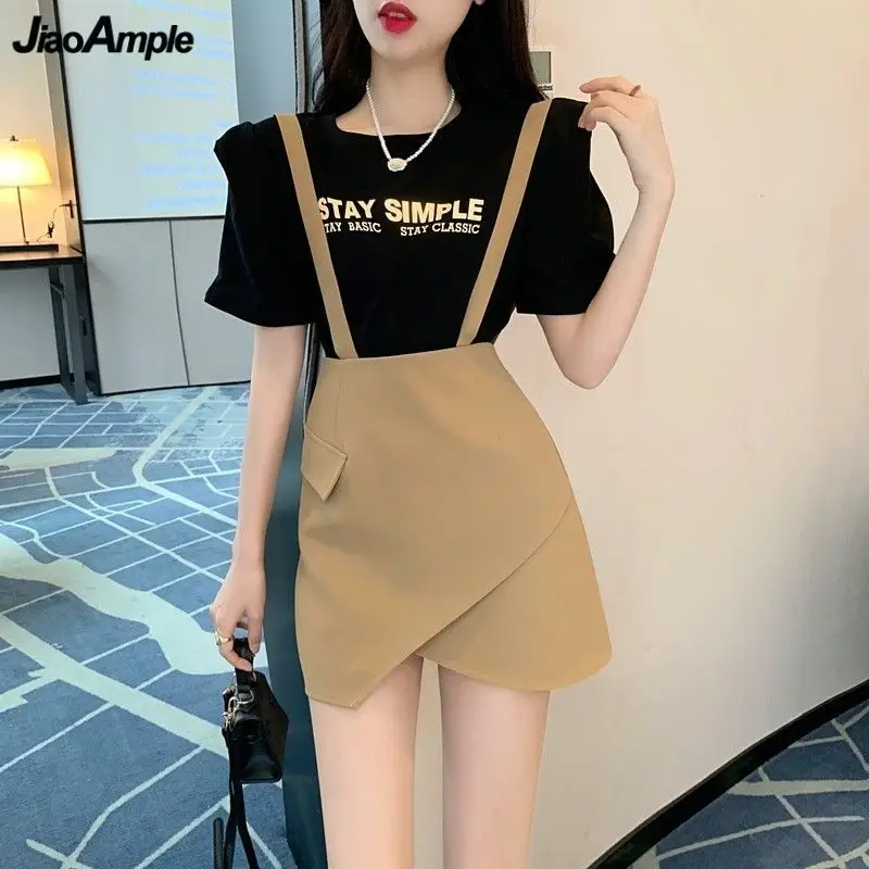 

Женский комплект из двух предметов, футболка с надписью и юбка-комбинезон, повседневный топ и мини-юбка в Корейском стиле, лето 2023