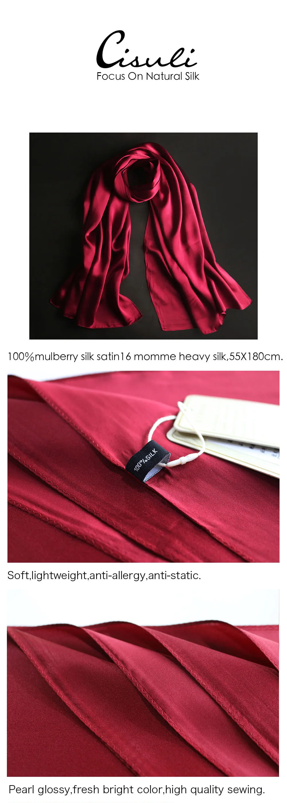 100% Mulberry Silk Satin Scarf Pure Women Long Shawl 55X180cm Solid Color Peacock Blue 02 |