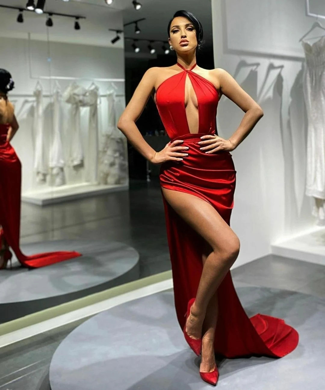 

Ladies Red Sexy Suspender Sleeveless Backless Satin Ball Gown Mermaid Slim High Slit Formal Dress Sweeping Train Cocktail Dress