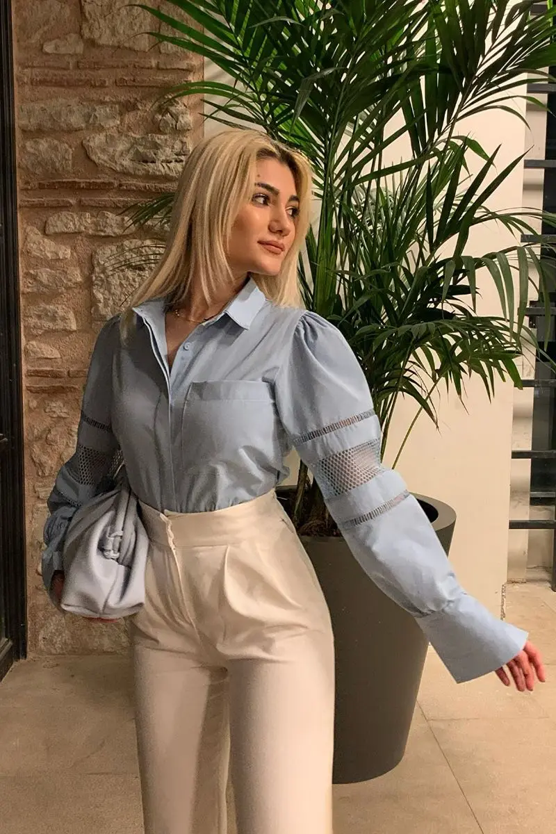 

Women's blue single pockets sleeve mesh detailed Poplin shirt SH00001