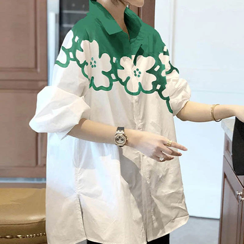 

New 2022 Spring Korea Fashion Women Long Sleeve Loose Shirts All-matched Casual Print Single Breasted Length Blouse Tops V947