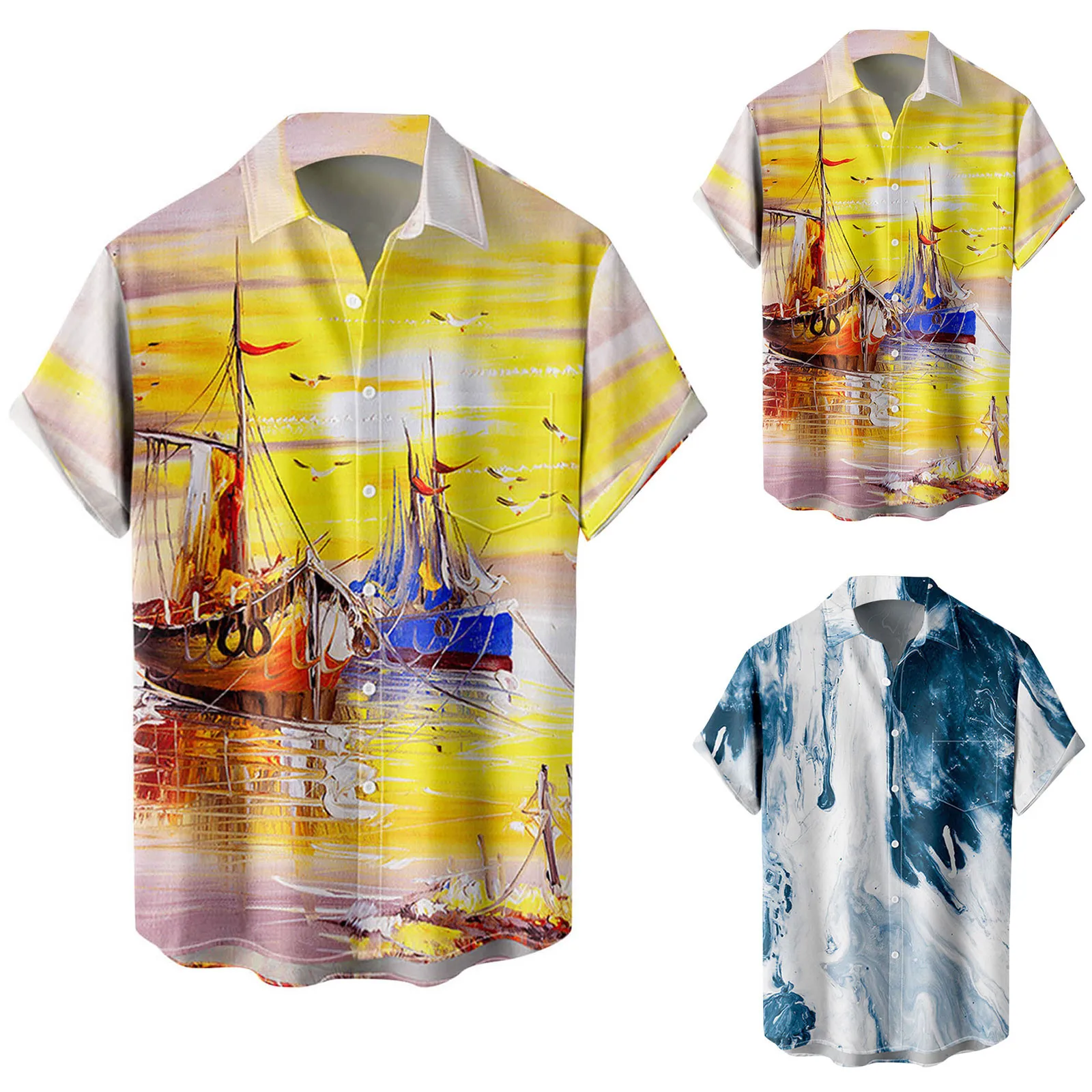 

Mens Fitted Long Sleeve Mens Fashion And Leisure 3D Digital Printing Buckle Lapel Short Sleeve Shirt Top One Sleeve Shirt