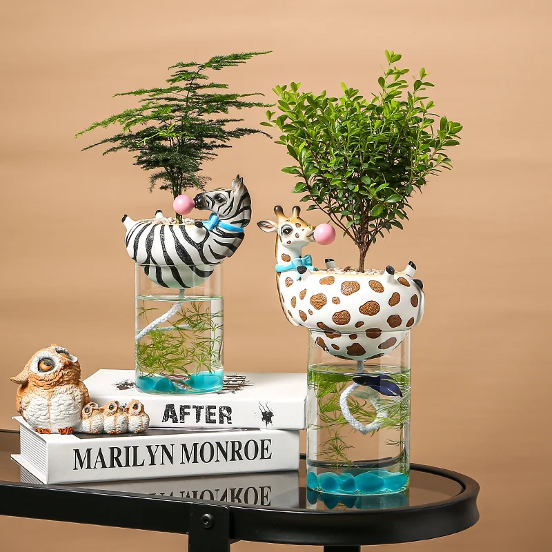 

Resin Animal Head Vase with Fish Tank Bubble Natural Cactus Succulent Plants Flower Pots Decoration Zebra Giraffe Creative Craft