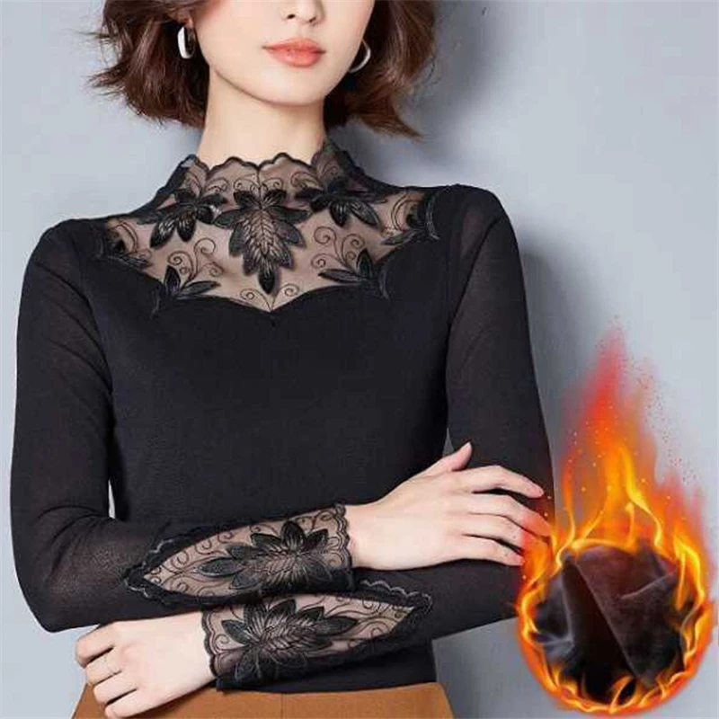 Winter Sexy Elegant Fashion Black Khaki Lace Mesh Patchwork Velvet Warm  Basic T Shirt Women Long Sleeve Slim Top Female Clothing - купить по  выгодной цене | AliExpress