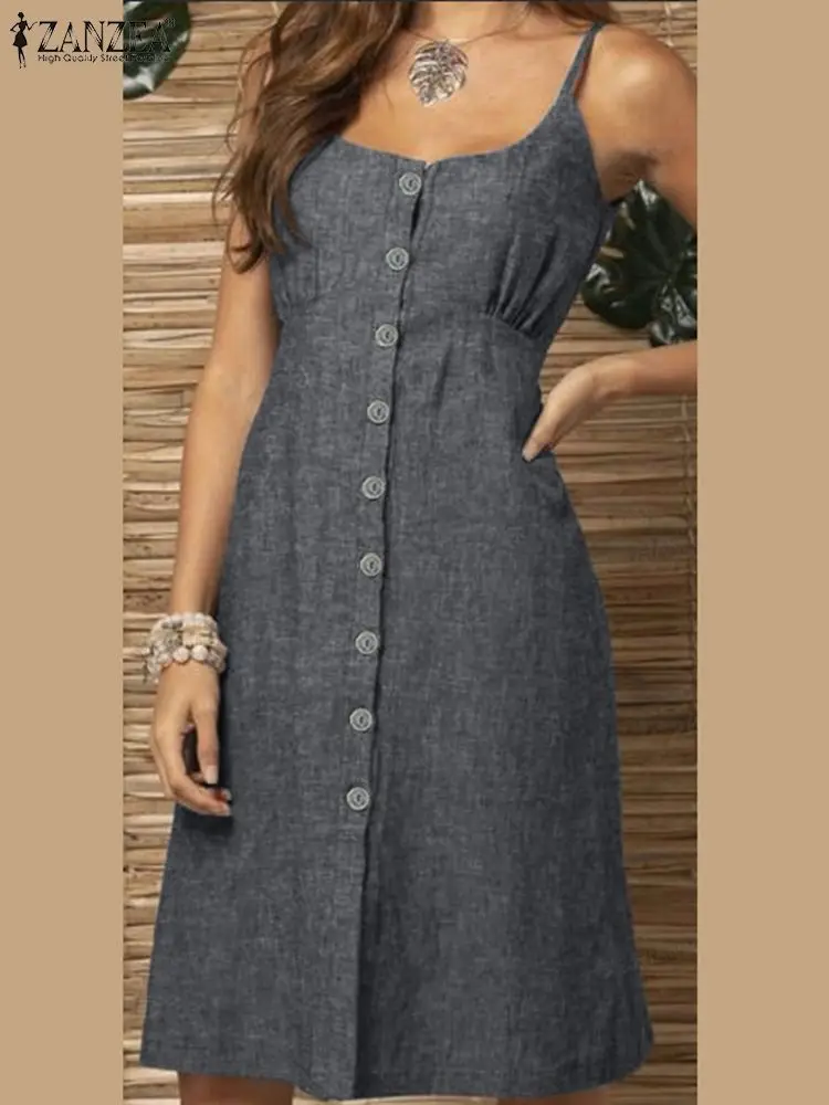 

ZANZEA Summer Casual Holiday Dress Fashion Sleeveless Dresses Woman Square Collar Sundress Female Elegant Party A Line Midi Robe