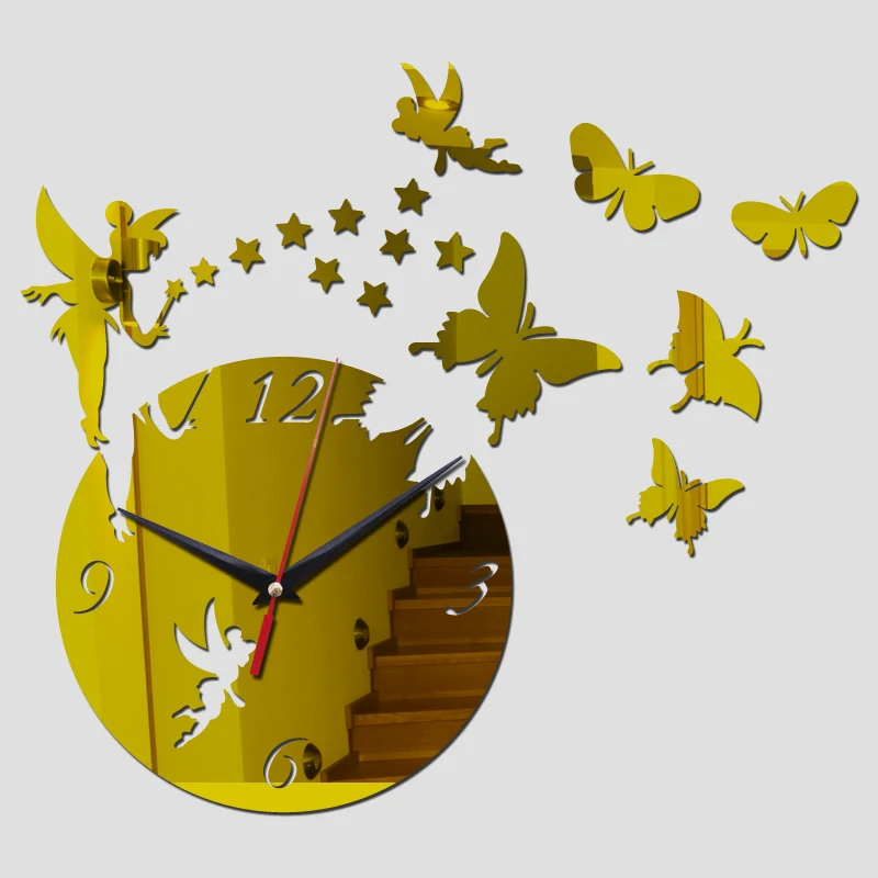 

DIY Stick Girl's Room Watch wtih Stars Butterflies Angels 3D Modern Wall Clock Cartoon Acrylic Mirror Sticker Living Home Decor