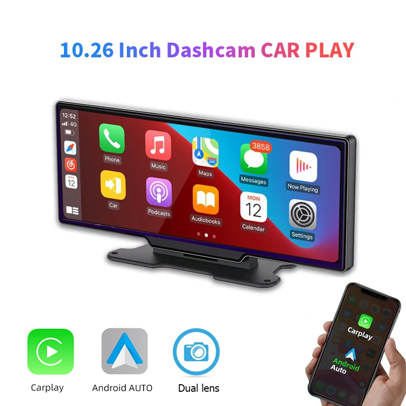 10 26 &quotApple Carplay Wireless Bluetooth Android Auto WiFi Автомобильный видеорегистратор с двумя