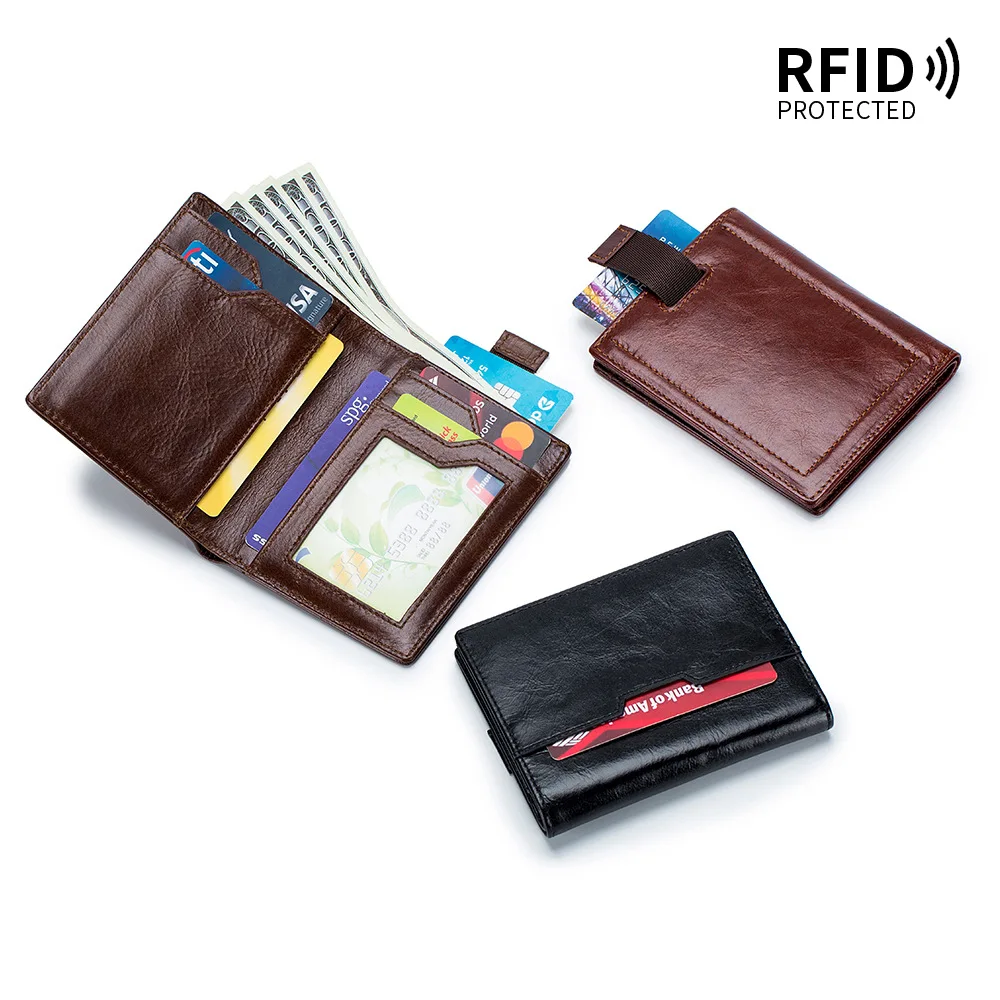 RFID Blocking Genuine Leather Men's Short Wallet Oil Wax Skin Bifold Purse Credit Card Wallet Money Bag Vintage Style