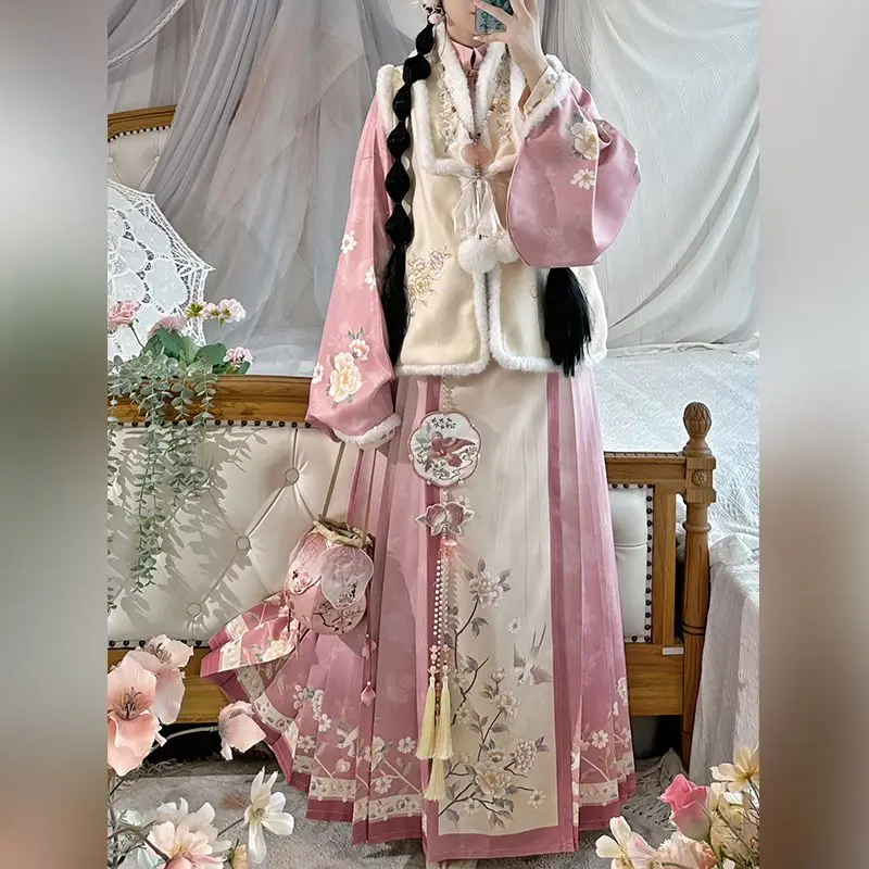 Розовое женское платье Hanfu Mingxian с вышивкой теплый чем воротник для ногтей рукав