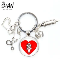 creative doctor nurse medical syringe stethoscope image keychains holder handmade glass cabochon car key rings unisex jewelry