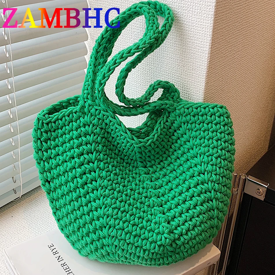

Summer Knitting Crochet Fabric Shoulder Side Bags for Women 2023 Trend Simple Solid Color Female Handmade Weave Travel Handbags