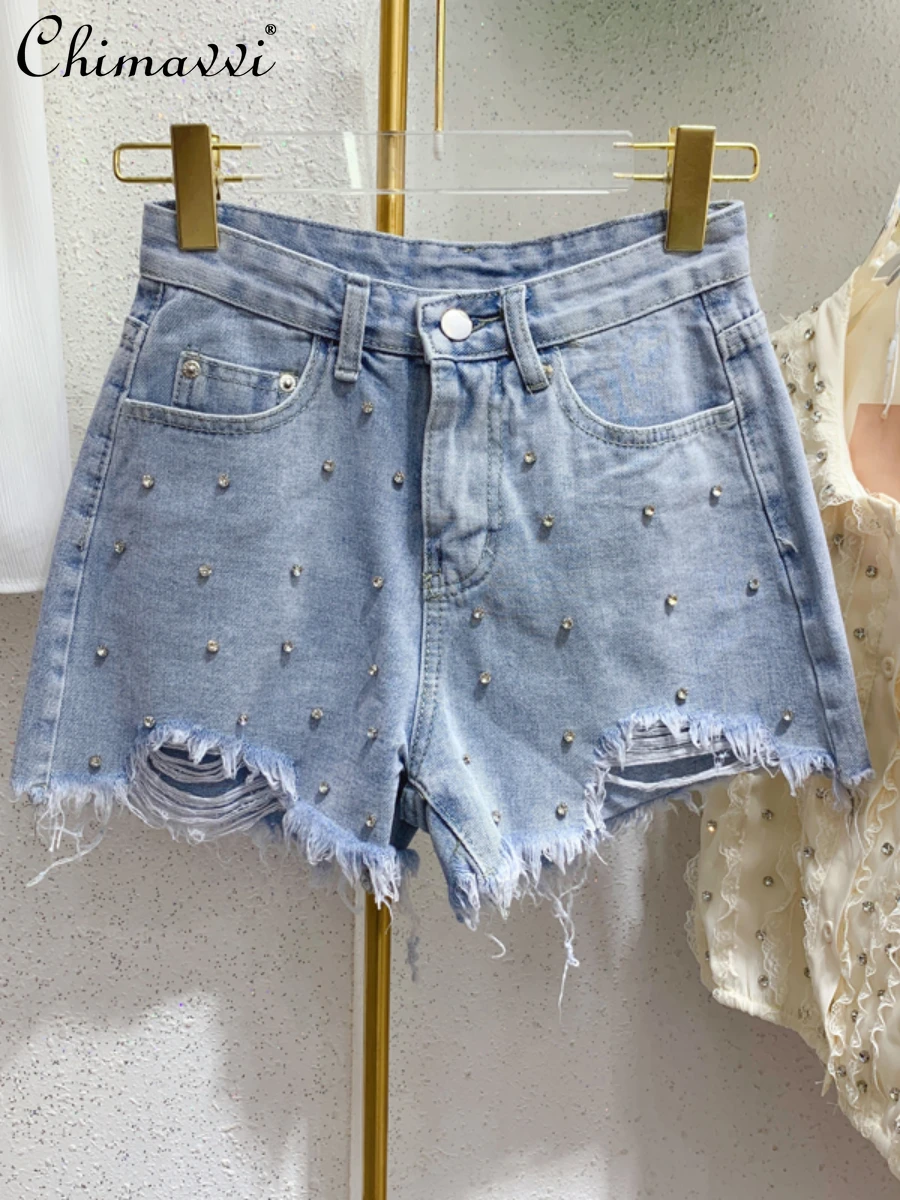 

2022 Summer New Fashion Broken Copper Burrs Tassels High Waist Denim Shorts Rhinestone Wide Leg Slimming Jean Short Pants Women