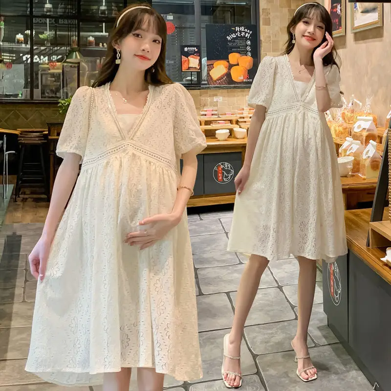

Summer Maternity Clothes Dress Lace Hollow Out Pregnant Women Dress Fashion Korean Female Dress Vestidos Pregnancy Clothes