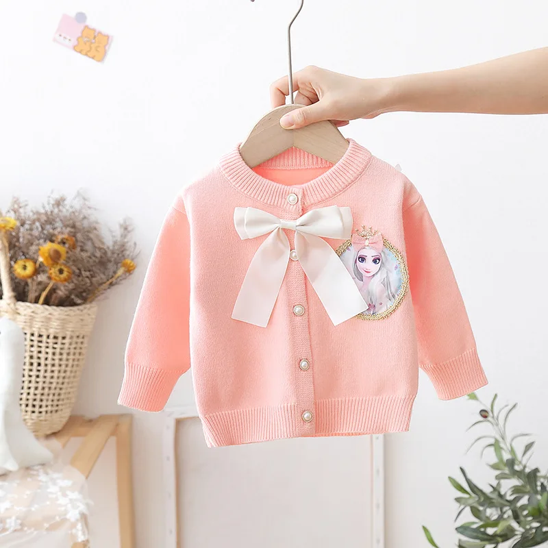 

Children's Knitted Cardigan New Baby Bow Girl Solid Color Spring and Autumn Cardigan Jacket Toddler Girl Cardigan