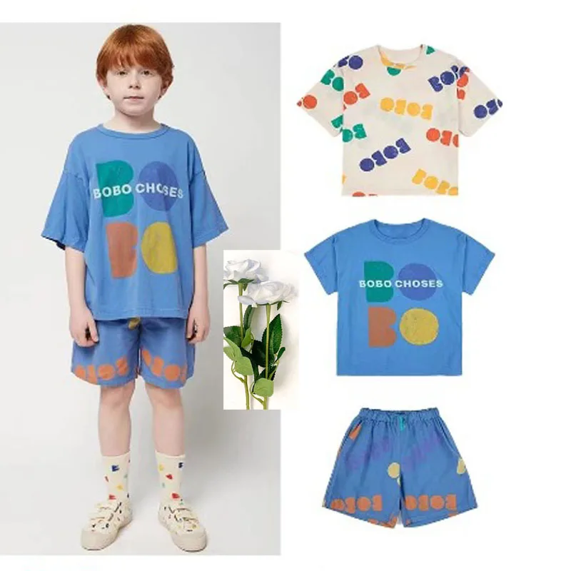 

Kids T-Shirt 2022 New Summer Cartoon Letter Short Sleeve Tops Cotton Boys T-Shirt Blue Shorts Kids