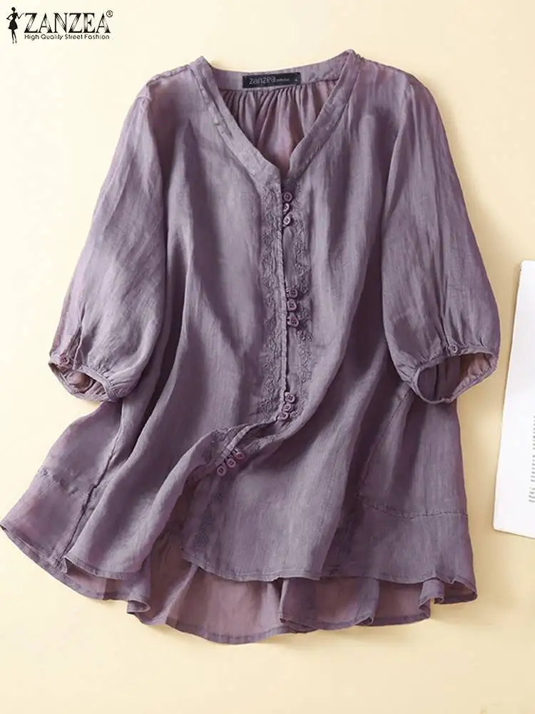 

Fashion Holiday Embroidery Blouse ZANZEA Women Casual Loose V-neck Shirt Summer 2023 Half Sleeve Tops Buttons Irregular Tunics