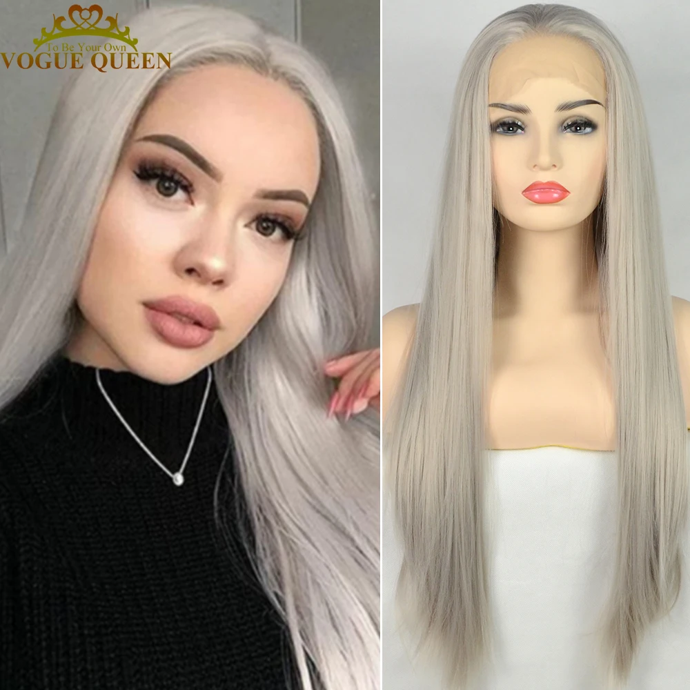 Voguequeen серебристо-русый шелковистый прямой синтетический парик спереди длинный