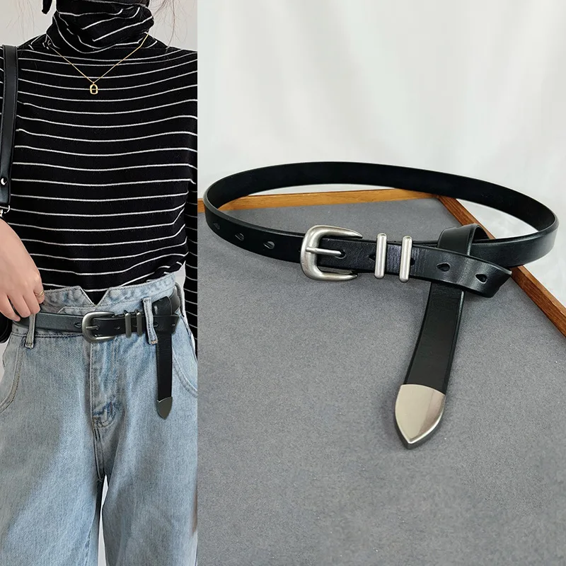Luxury High-end Top Layer Cowhide Leather Women's Belt with Versatile Silver Buttons and Jeans Casual Vintage Pants Belt