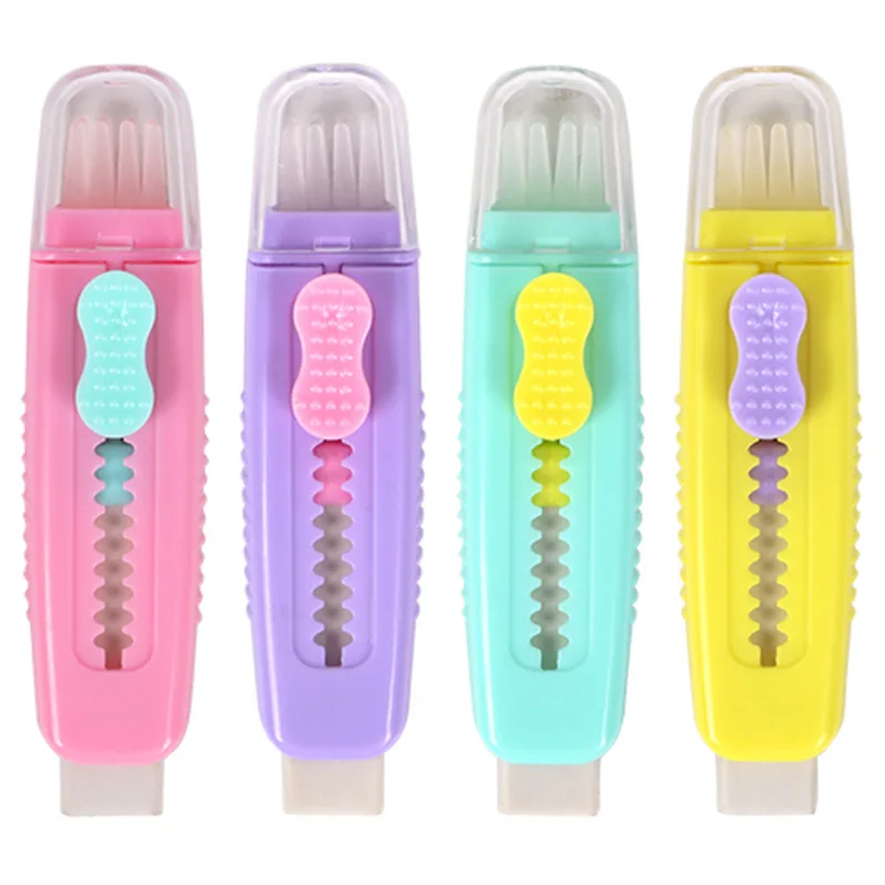 

4pcs Push Pull Eraser With Soft Brush Pencil Rubber Kids Drawing Writing Wiping Stationery School Supplies Pencils Tool