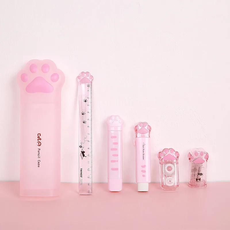 

6pcs/set Kawaii Cat Paw Stationery Pencil Box Pens Case Ruler Correction Tape Glue Eraser Pencil Sharpener for kids Girls Gifts