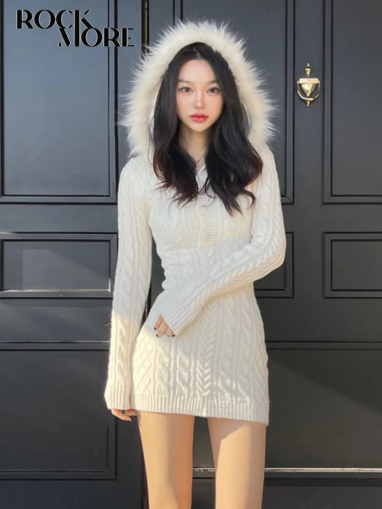 

Rockmore Fur Collar Hoodie Sweater Dresses Autumn Winter Y2K Fairy Grunge Outfits Festival Party Slim Knitted Mini Dress Korean