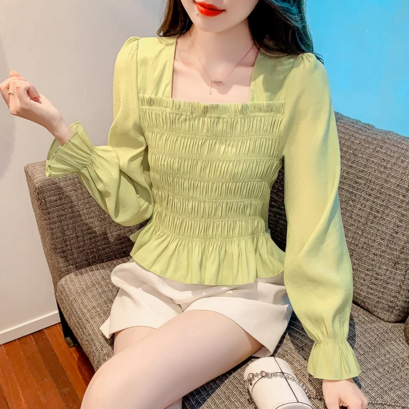 

Новая модная однотонная шифоновая блузка, женские рубашки с длинным рукавом, Милая женская одежда, блузы 25298